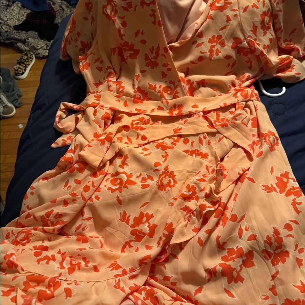 Floral Wrap Dress in Peach and Red